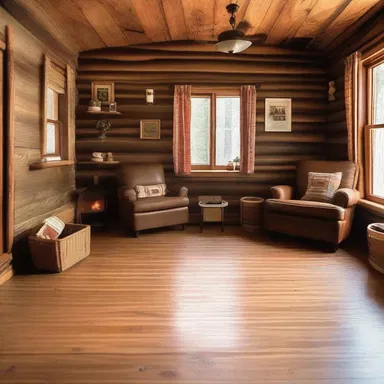 The rustic cabin had a cozy and inviting feel with its brogan-themed wooden floors.