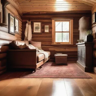 The rustic cabin had a cozy and inviting feel with its brogan-themed wooden floors.
