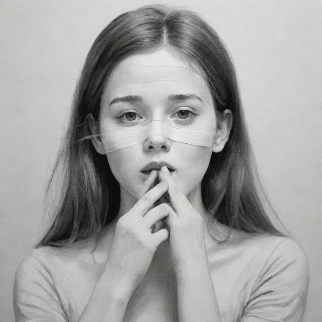A monochrome sketch of a girl using masking tape to silence herself, expertly conveying a sense of quiet introspection and emotional depth