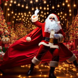 An even more fabulous, jubilant Santa Claus strutting assertively in a stunning Christmas scene, with beautifully styled luscious hair sparkling under the festive lights