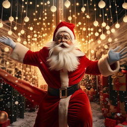 An even more fabulous, jubilant Santa Claus strutting assertively in a stunning Christmas scene, with beautifully styled luscious hair sparkling under the festive lights