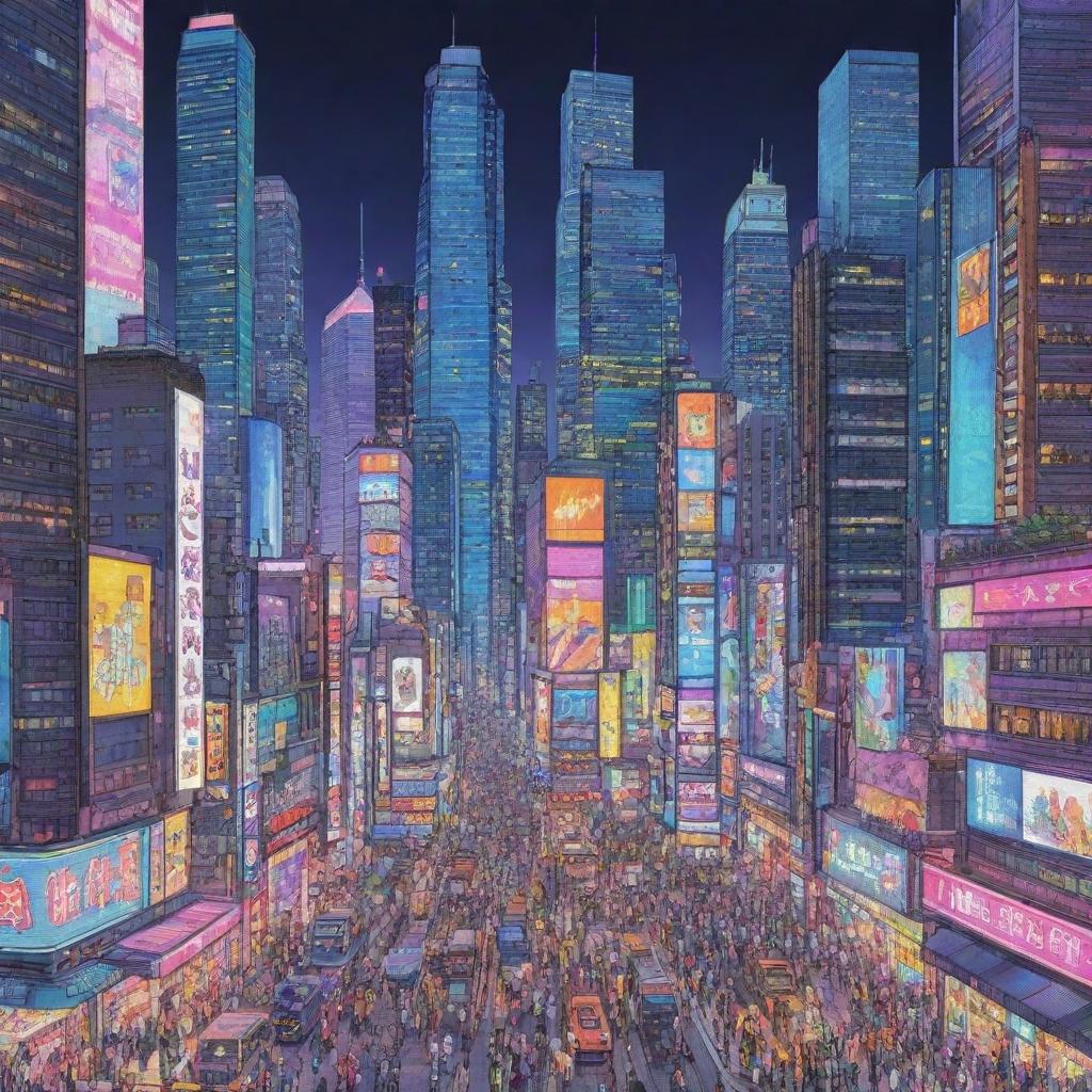 Anime inspired contemporary illustration of a bustling cityscape with towering skyscrapers, neon lights, and diverse characters in vivid detail.