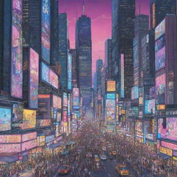 Anime inspired contemporary illustration of a bustling cityscape with towering skyscrapers, neon lights, and diverse characters in vivid detail.