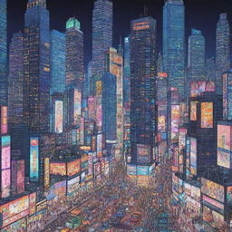 Anime inspired contemporary illustration of a bustling cityscape with towering skyscrapers, neon lights, and diverse characters in vivid detail.