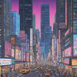 Anime inspired contemporary illustration of a bustling cityscape with towering skyscrapers, neon lights, and diverse characters in vivid detail.