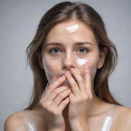 Draw a detailed sketch of a girl gently covering her mouth with transparent cellophane tape, held with careful hands, creating a sense of intrigue and thoughtfulness