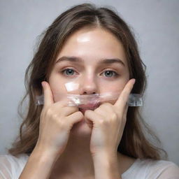 Draw a detailed sketch of a girl gently covering her mouth with transparent cellophane tape, held with careful hands, creating a sense of intrigue and thoughtfulness