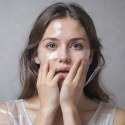 Draw a detailed sketch of a girl gently covering her mouth with transparent cellophane tape, held with careful hands, creating a sense of intrigue and thoughtfulness