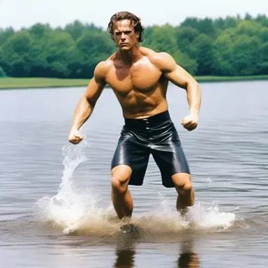 The hero dowses himself in water before jumping into the lake in the intense action scene of the movie.