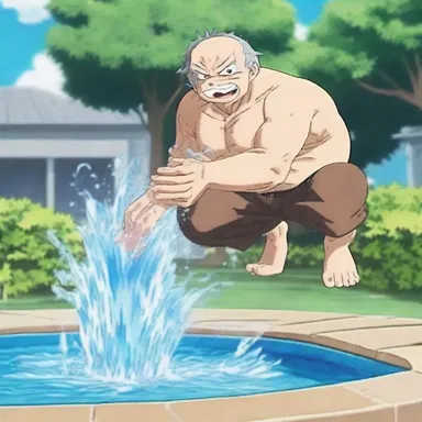 In the anime series, the main character possesses the ability to dowse his opponents with water, turning them into harmless squirting fountains.