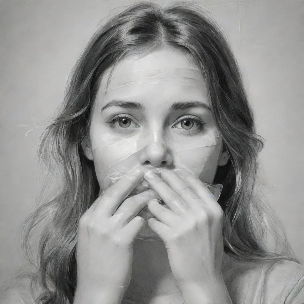 Draw a detailed sketch of a girl gently covering her mouth with transparent cellophane tape, held with careful hands, creating a sense of intrigue and thoughtfulness