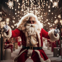 An even more fabulous, jubilant Santa Claus strutting assertively in a stunning Christmas scene, with beautifully styled luscious hair sparkling under the festive lights