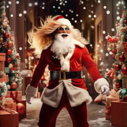 An even more fabulous, jubilant Santa Claus strutting assertively in a stunning Christmas scene, with beautifully styled luscious hair sparkling under the festive lights