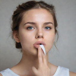 Create a sketch of a girl meticulously tying a piece of tape around her lips, emphasizing her expressive eyes and the delicate handling of the tape