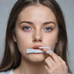 Create a sketch of a girl meticulously tying a piece of tape around her lips, emphasizing her expressive eyes and the delicate handling of the tape