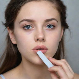 Create a sketch of a girl meticulously tying a piece of tape around her lips, emphasizing her expressive eyes and the delicate handling of the tape