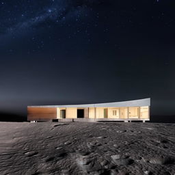 Stunning architecture of an incredible house positioned on the moon's surface, glowing under the ethereal lunar light.