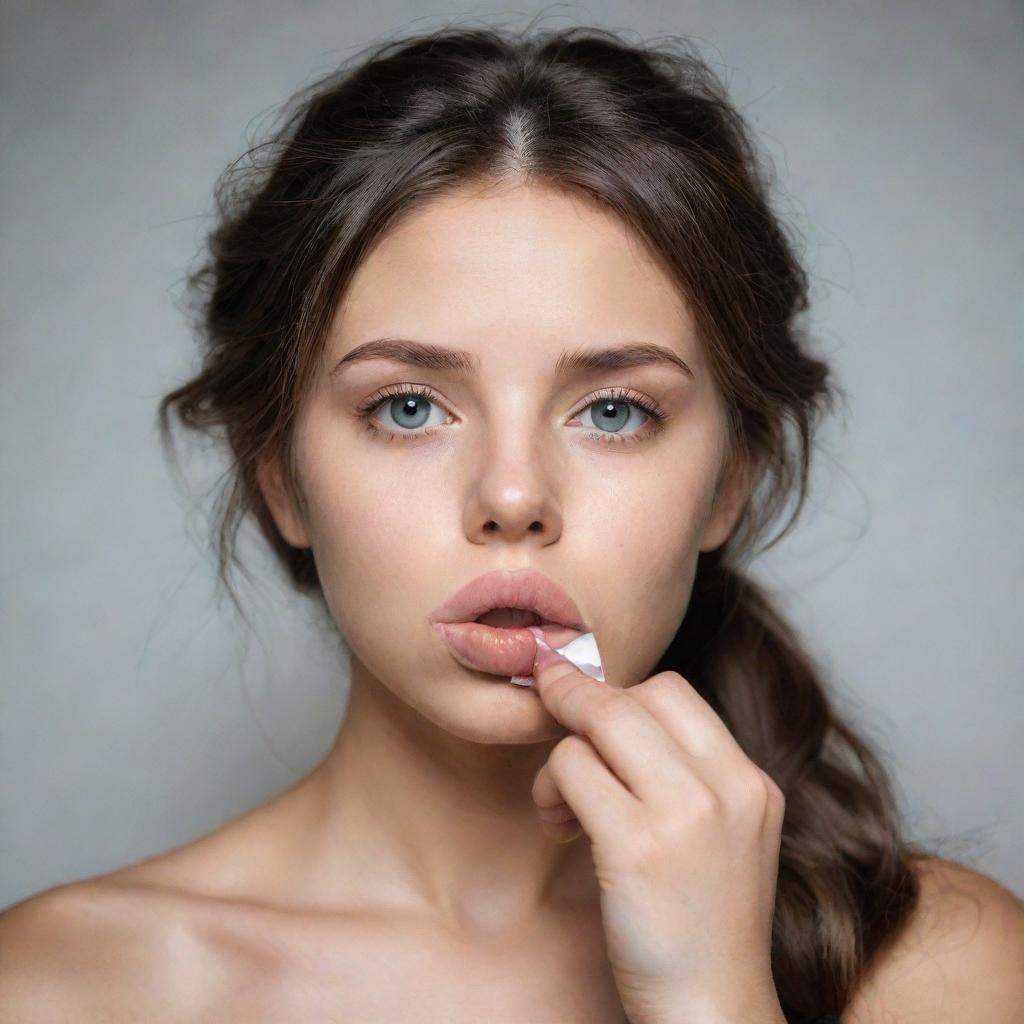 Create a sketch of a girl meticulously tying a piece of tape around her lips, emphasizing her expressive eyes and the delicate handling of the tape