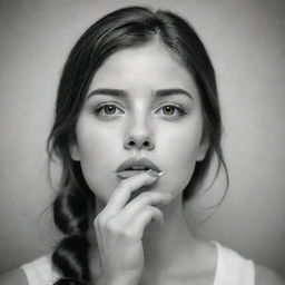 Generate a monochrome sketch of a girl thoughtfully tying a piece of tape over her lips, focusing on her expressive eyes and the delicate positioning of the tape