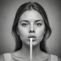 Generate a monochrome sketch of a girl thoughtfully tying a piece of tape over her lips, focusing on her expressive eyes and the delicate positioning of the tape