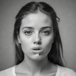 Generate a monochrome sketch of a girl thoughtfully tying a piece of tape over her lips, focusing on her expressive eyes and the delicate positioning of the tape