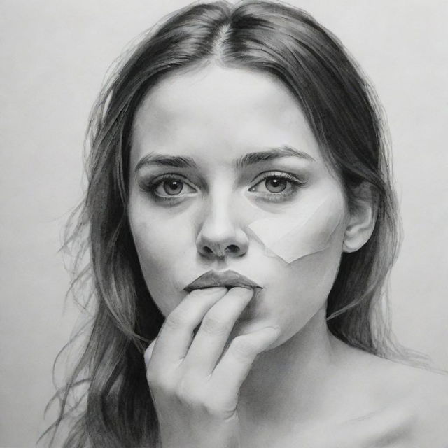 Create a highly detailed black and white sketch of a girl delicately tying a piece of tape over her lips to cover her mouth, casting a complex blend of emotions