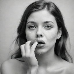 Create a highly detailed black and white sketch of a girl delicately tying a piece of tape over her lips to cover her mouth, casting a complex blend of emotions