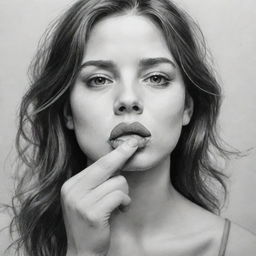 Create a highly detailed black and white sketch of a girl delicately tying a piece of tape over her lips to cover her mouth, casting a complex blend of emotions