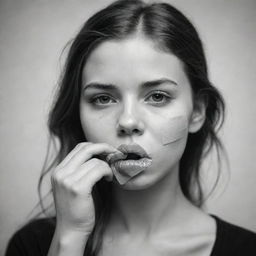 Create a highly detailed black and white sketch of a girl delicately tying a piece of tape over her lips to cover her mouth, casting a complex blend of emotions