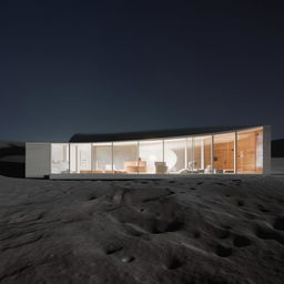 Stunning architecture of an incredible house positioned on the moon's surface, glowing under the ethereal lunar light.