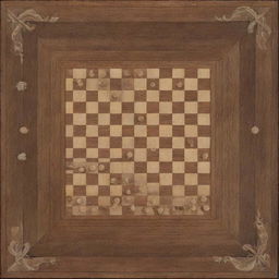 Show an intricate, top-down view of a chessboard with elegant styled pieces arranged according to the moves sequence provided. Include move annotations around the borders.