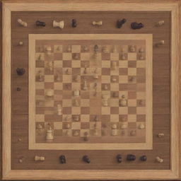 Show an intricate, top-down view of a chessboard with elegant styled pieces arranged according to the moves sequence provided. Include move annotations around the borders.