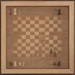 Show an intricate, top-down view of a chessboard with elegant styled pieces arranged according to the moves sequence provided. Include move annotations around the borders.