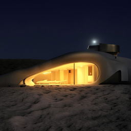 Stunning architecture of an incredible house positioned on the moon's surface, glowing under the ethereal lunar light.