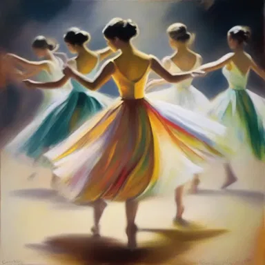The brushstrokes of the painting seem to capture the movement of the dancers.