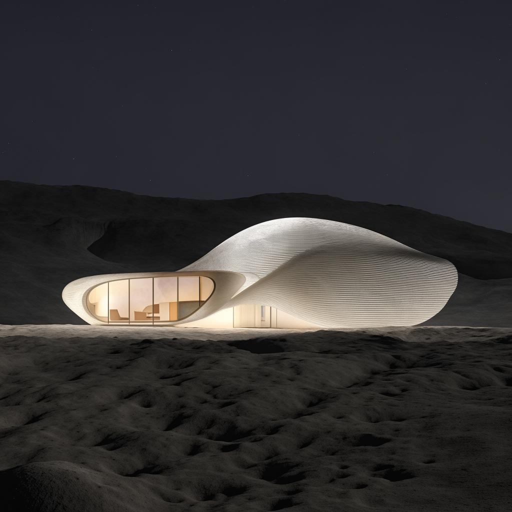 Stunning architecture of an incredible house positioned on the moon's surface, glowing under the ethereal lunar light.