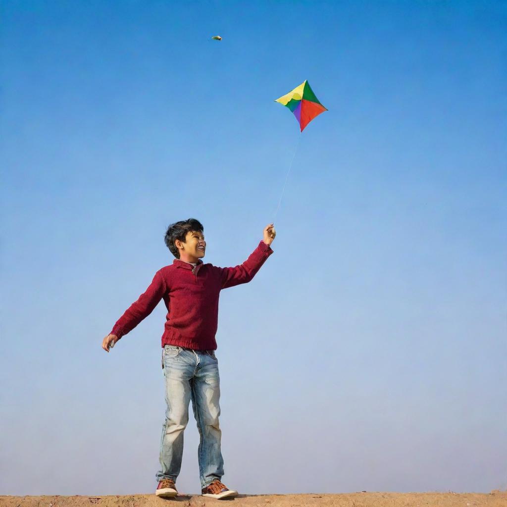 Illustrate a joyful Indian boy flying a kite during Makar Sankranti festival, with a mobile phone in his other hand, against a backdrop of clear sky.