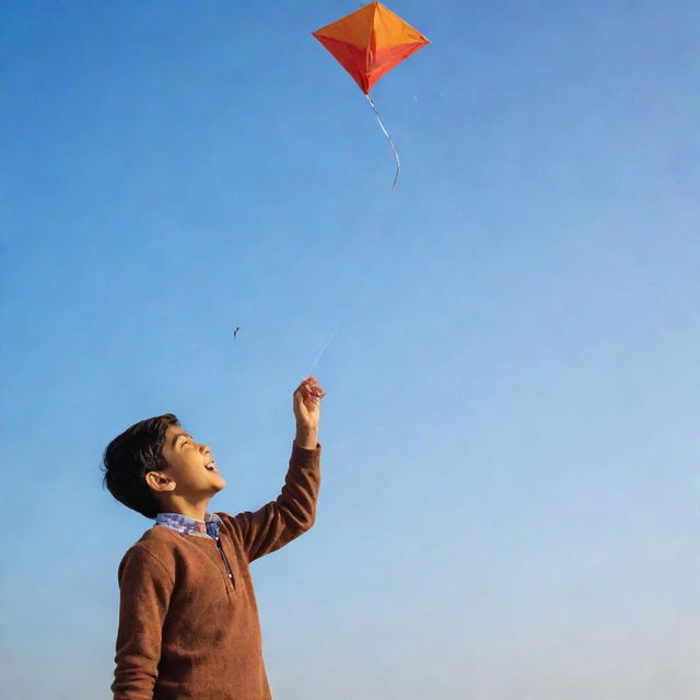 Illustrate a joyful Indian boy flying a kite during Makar Sankranti festival, with a mobile phone in his other hand, against a backdrop of clear sky.