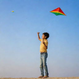 Illustrate a joyful Indian boy flying a kite during Makar Sankranti festival, with a mobile phone in his other hand, against a backdrop of clear sky.