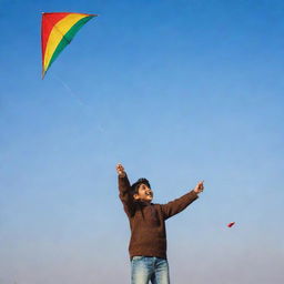 Illustrate a joyful Indian boy flying a kite during Makar Sankranti festival, with a mobile phone in his other hand, against a backdrop of clear sky.