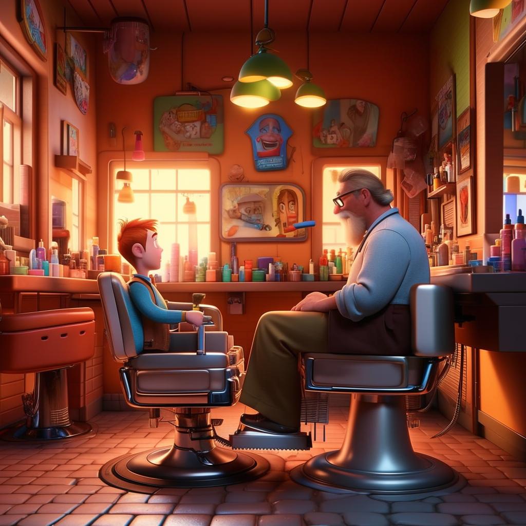 Revise the previous image to mimic the style of a Pixar film. Maintain the humorous scene between the customer and barber, but with the high-quality 3D animation and vibrant colors that Pixar is known for.