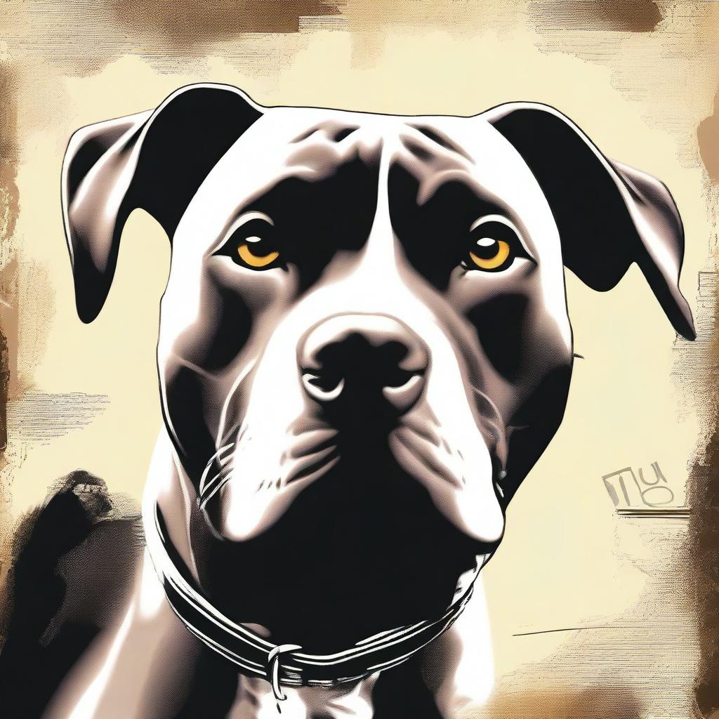 A high-quality digital art poster featuring a pitbull mix dog, named Indy, with an adventurous gleam in its eyes