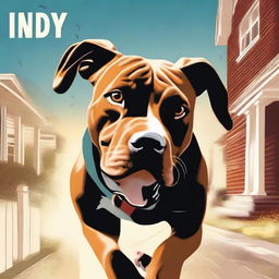 A high-quality digital art poster featuring a pitbull mix dog, named Indy, with an adventurous gleam in its eyes