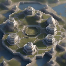 A high-quality, realistic digital art image showcasing an aerial view of a hexagon-shaped city divided into six equal segments, each representing a unique faction