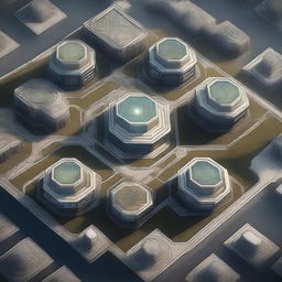 A high-quality, realistic digital art image showcasing an aerial view of a hexagon-shaped city divided into six equal segments, each representing a unique faction