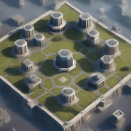 A high-quality, realistic digital art image showcasing an aerial view of a hexagon-shaped city divided into six equal segments, each representing a unique faction