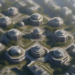 A high-quality, realistic digital art image showcasing an aerial view of a hexagon-shaped city divided into six equal segments, each representing a unique faction