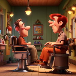 Revise the previous image to mimic the style of a Pixar film. Maintain the humorous scene between the customer and barber, but with the high-quality 3D animation and vibrant colors that Pixar is known for.