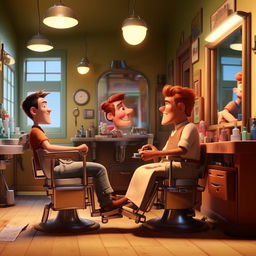 Revise the previous image to mimic the style of a Pixar film. Maintain the humorous scene between the customer and barber, but with the high-quality 3D animation and vibrant colors that Pixar is known for.