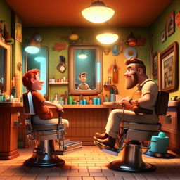 Revise the previous image to mimic the style of a Pixar film. Maintain the humorous scene between the customer and barber, but with the high-quality 3D animation and vibrant colors that Pixar is known for.